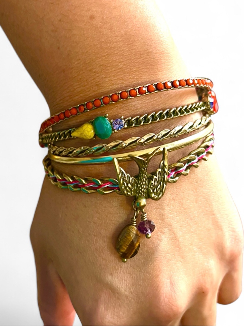 Multicolor Boho Layered Charm Bracelet with Gold Swallow Accent